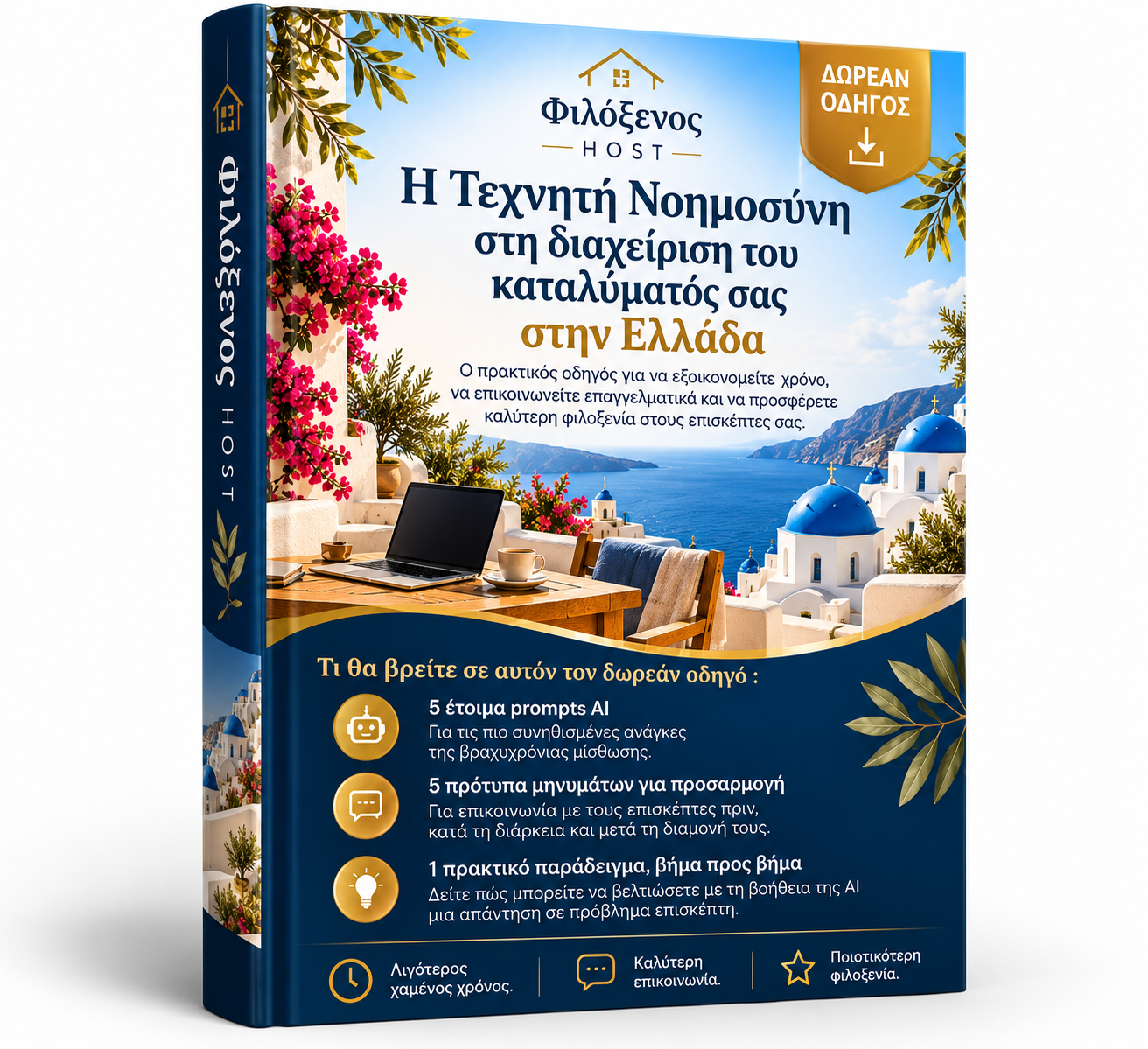 Τρισδιάστατο ελληνικό e-book Φιλόξενος HOST: Η Τεχνητή Νοημοσύνη στη διαχείριση του καταλύματός σας στην Ελλάδα, με 5 prompts AI, 5 πρότυπα μηνυμάτων και 1 πρακτικό παράδειγμα